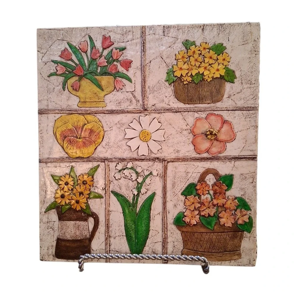 Vtg Shabby Chic Unique  Handmade Flower Wall Hanging Rope Trim 10x10 Signed 1978